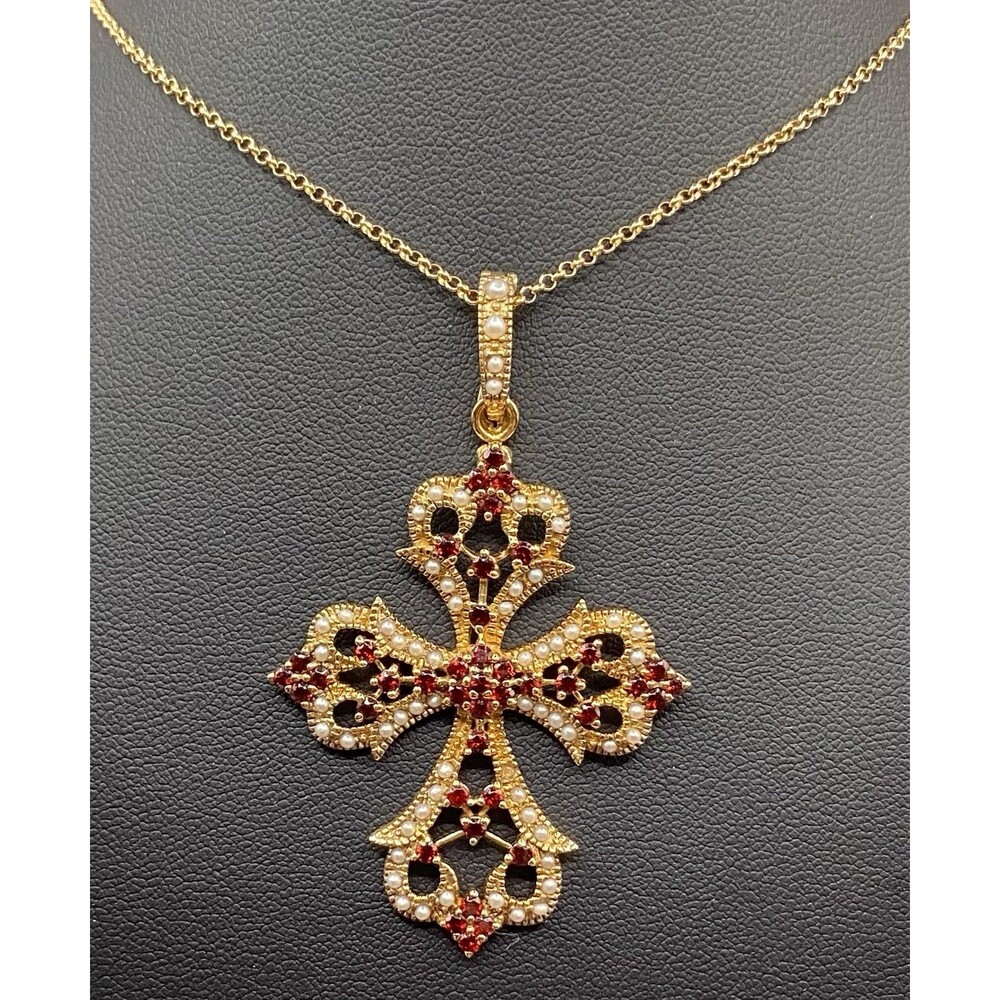 925 Sterling Silver Filigree Cross Pendant Necklace Red Garnet Pearls Gold 17”